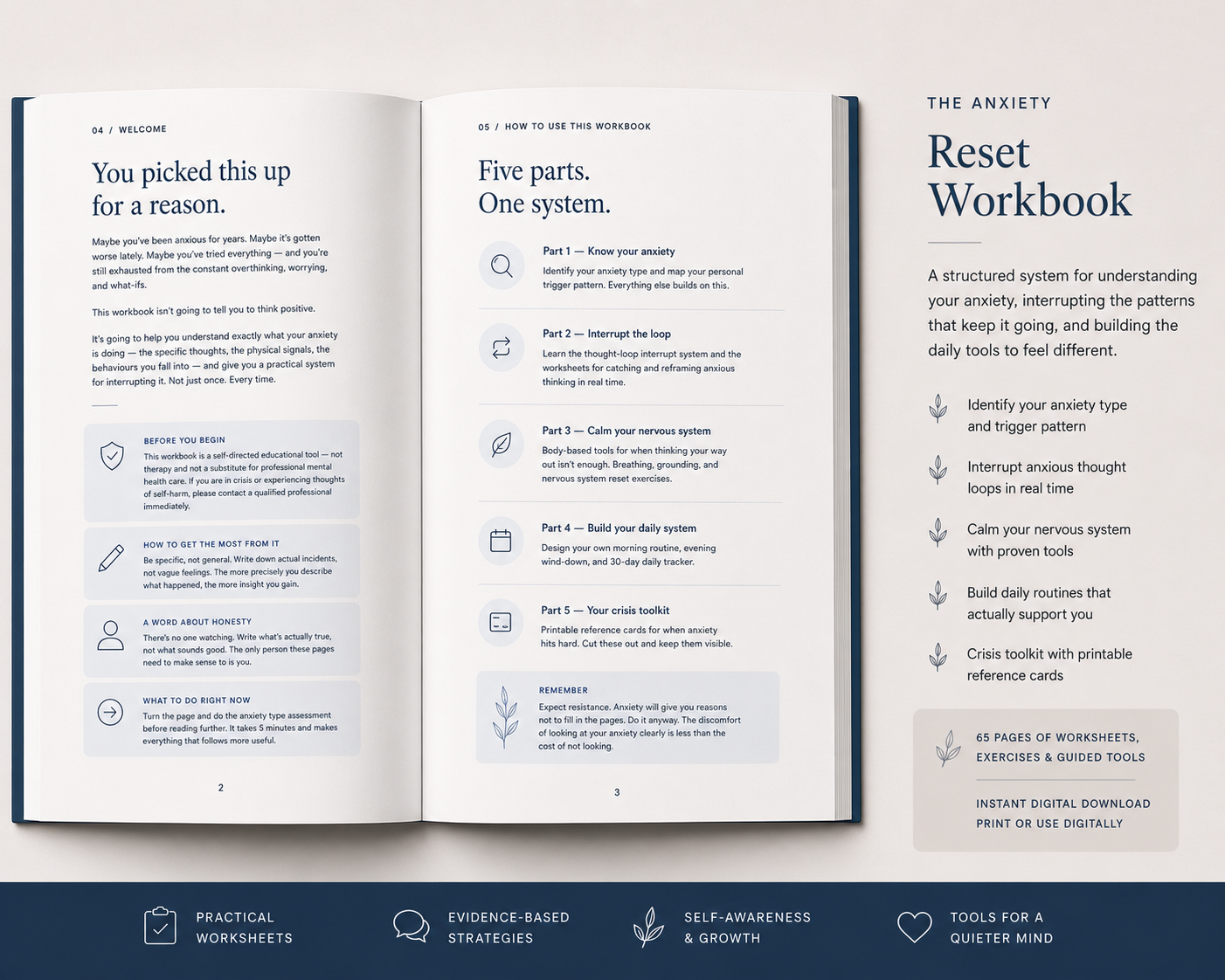The Anxiety Reset Workbook open to the welcome and how-to-use spread, alongside the workbook cover