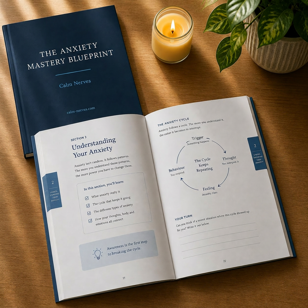 The Anxiety Mastery Blueprint open on a warm wood desk with candle, pen, notebook, plant and soft natural light